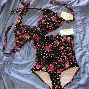 Floral polka dot high waisted bathing suit